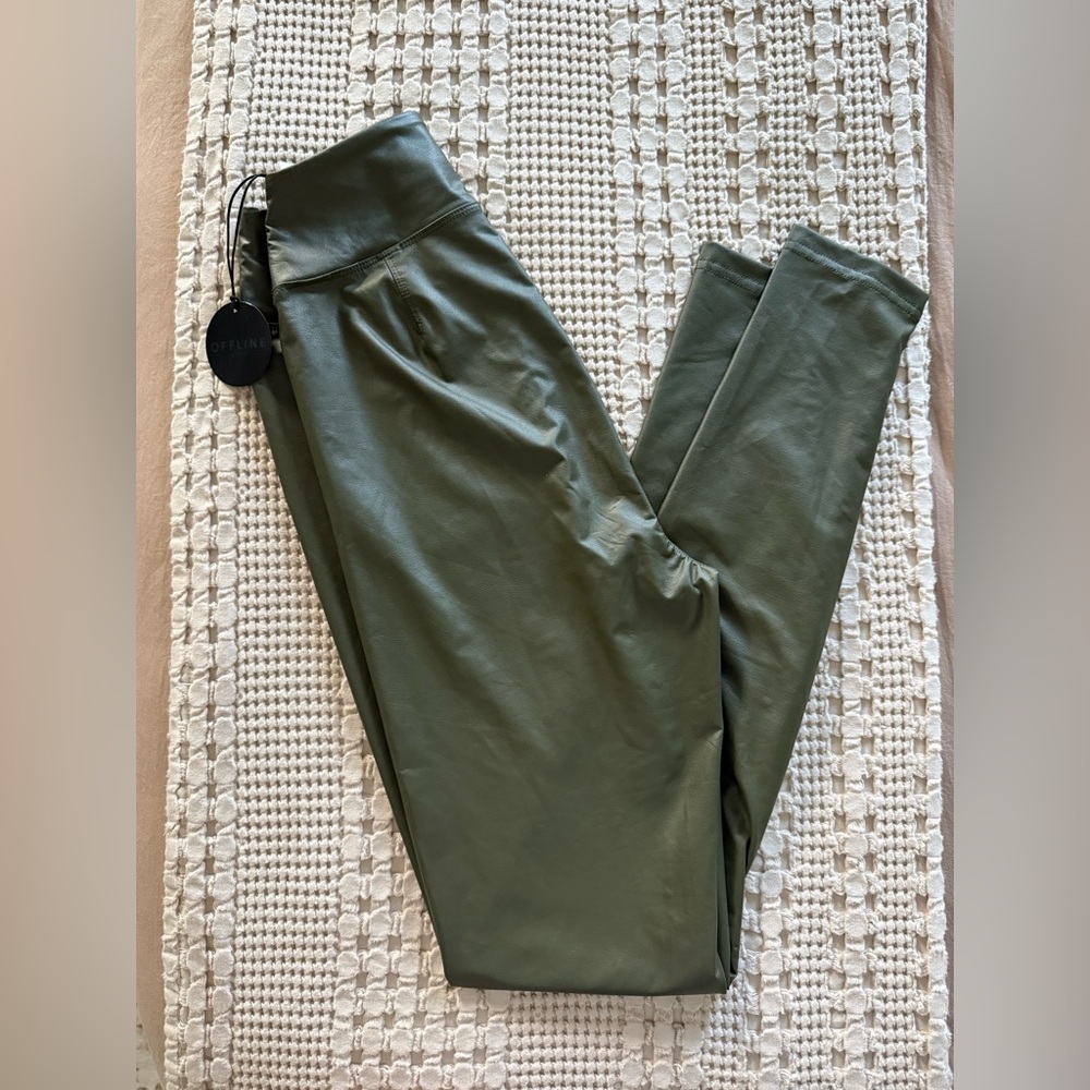 NEW OFFLINE by Aerie Olive Green Faux‎ Leather Leggings